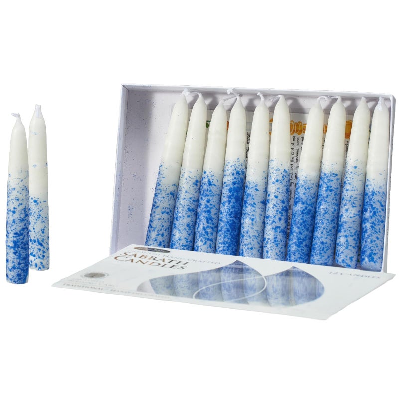Rite Lite Blue & White Shabbat Candles Premium 12 Pack Traditional Dinner Table Jewish Household Shabbos Candles Religious Home Decor with Beautiful Gift Box & Artistic Card - Image 1